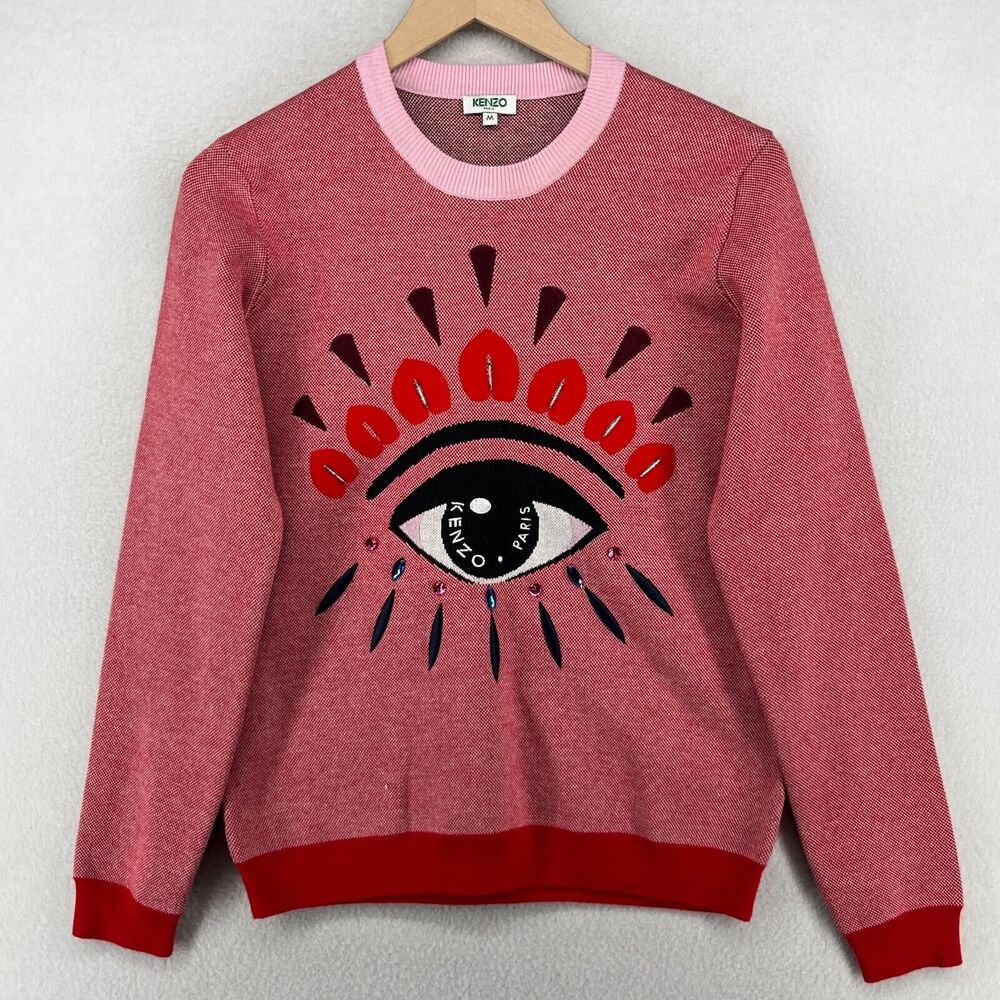 KENZO Paris Sweater Womens M Eye Embroidered Beaded Jumper Pullover Red
